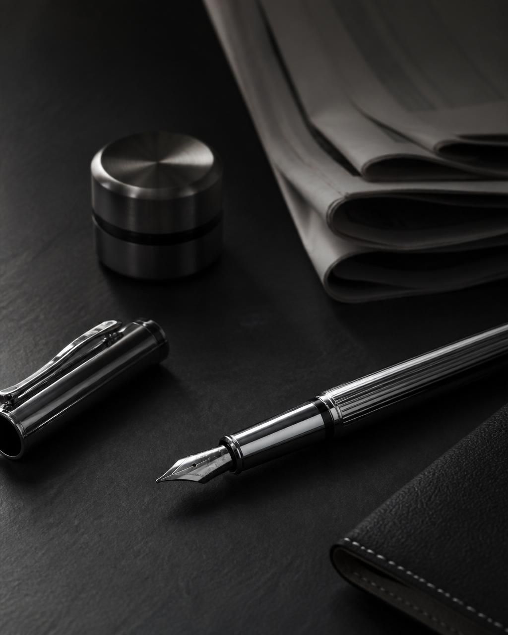 Chrome fountain pen resting on printed life insurance policy documents on a dark desk