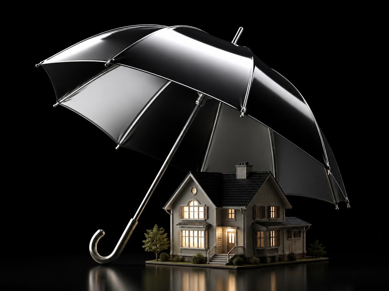 A chrome umbrella sheltering a model home, representing layered life insurance coverage