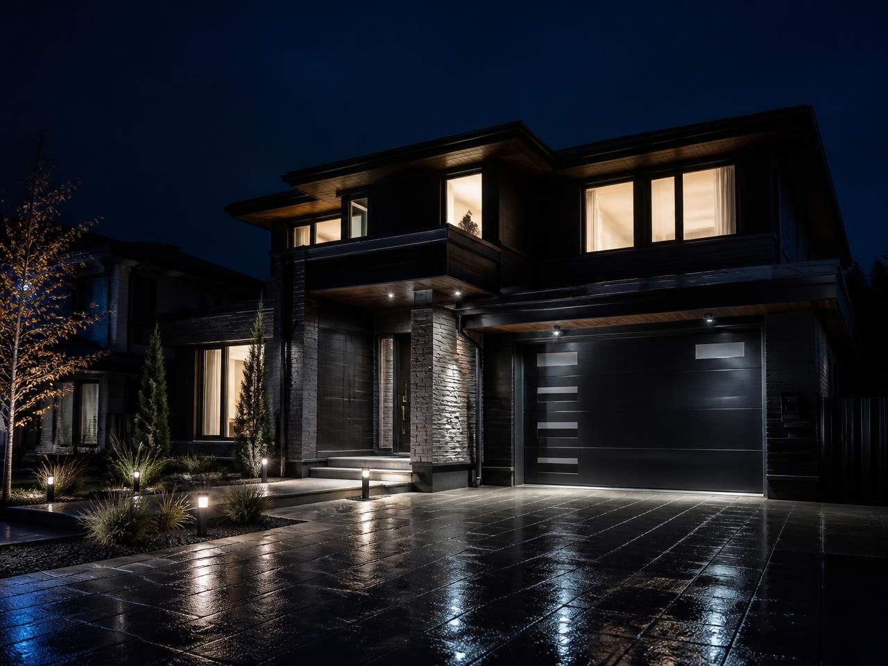 A modern family home lit from within at night, the kind of home life insurance is meant to protect